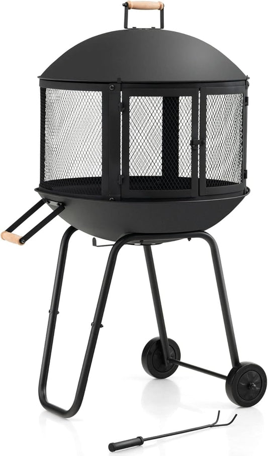 Tangkula Portable Fire Pit with Wheels, 28 Inch Wood Burning Fire Pit with Log Grate, Poker, Rolling Patio Fireplace Wooden Bonfire Firepit for Outdoor Entertaining Black