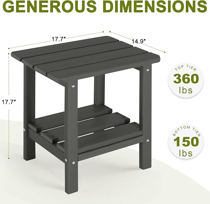 Adirondack Outdoor Side Table Set of 2, 2-Tier Small Patio End Table, Weather Resistant HDPE Outdoor End Tables for Garden, Lawn, Pool, Beach, Porch, Deck, Backyard - Square, Dark Gray