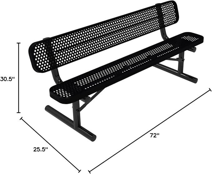 COATEDOUTDOORFURNITURE Coated Outdoor Furniture Heavy-Duty Portable Outdoor Bench Thermoplastic Coated, Punched Steel, Commercial-Grade Seating, Made in America (Portable with Back, 6 Ft, Black)