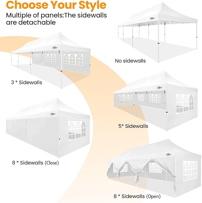 COBIZI 10x30 Pop up Canopy with Wheeled Bag & 8 Removable Sidewalls, Outdoor Canopy Waterproof Commercial Tents for Parties Wedding, with Upgrade Raised Top Cover Roller Bag, with 4 Sandbags(White)