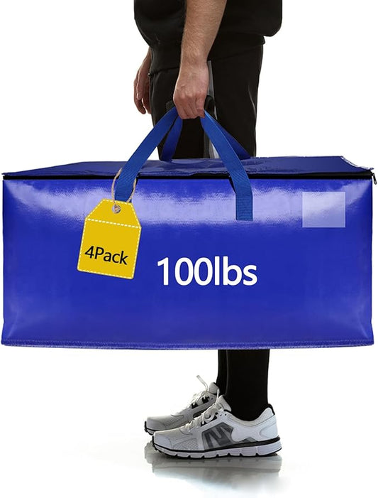 4 Pack Real 100lb Capacity Heavy Duty Moving Bags with Strong Zippers and Reinforced Handles, Extra Large Storage Totes for Packing & Moving Storing, Space Saving Alternative to Moving Boxes-95L,Blue