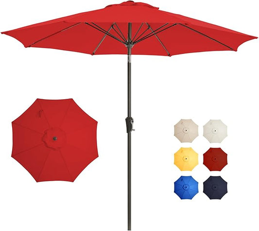 9FT Large Outdoor Patio Umbrella Market Table Umbrella-UV Resistant, Easy Push Button Tilt and Crank, 8 Sturdy Ribs Heavy-Duty Pool Umbrella for Deck,Red
