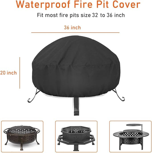 LBTING Fire Pit Cover, 36 inch Cover for 33-36 inch Round Firepit, Waterproof Windproof Dustproof UV-Resistant Heavy Duty Cover for Outdoor Patio Firepit Table - Black