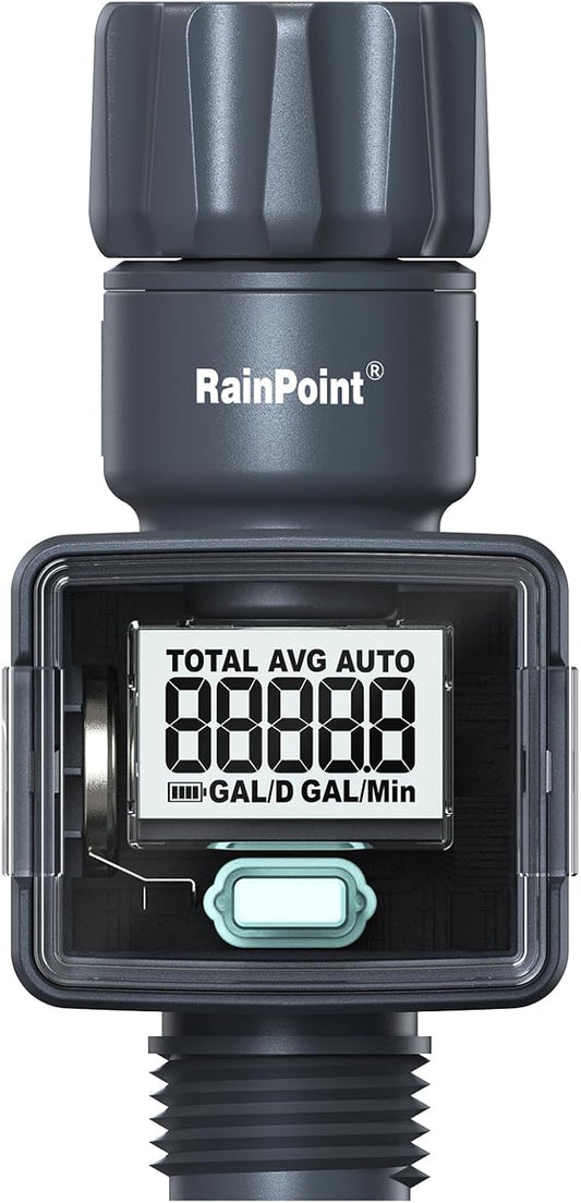 RAINPOINT Water Flow Meter, Measure Consumption and Flow Rate up to 9999.9 Gallon/Liter, ±5% Accuracy, Water Meter for RV, Garden Hose, Pool, Lawn Sprinkler & Nozzle Sprayer