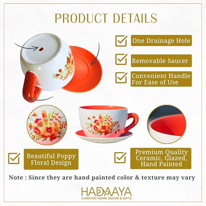 7.5" Round Ceramic Teacup Shape Planter Pot with Saucer for Succulents Orchids Herbs Cactus Indoor Houseplants Flowers for Home Garden and Event Decor – Orange Poppy Floral