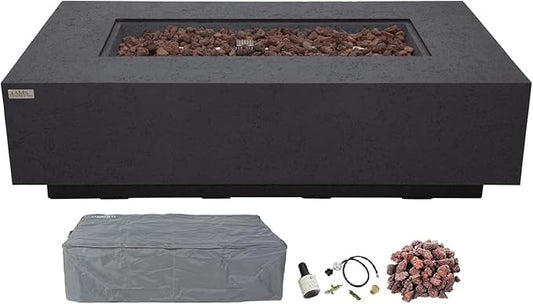 AMS Creations | Madison 60" Rectangular Propane Gas Outdoor Fire Pit Table | Dark Gray Concrete GFRC | Limestone Texture or Surface | Electronic Ignition | Outside Backyard Fireplace