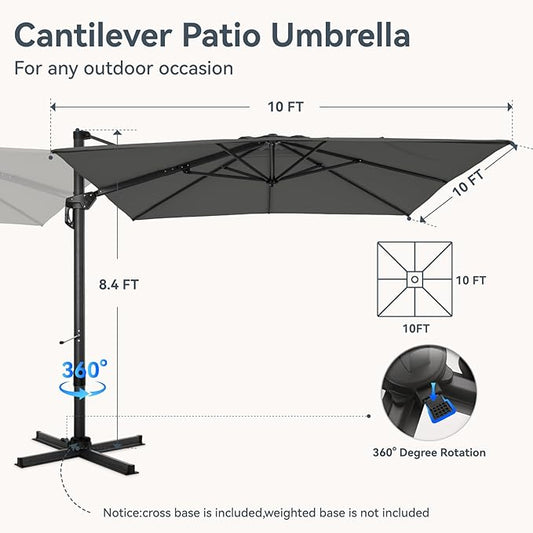 GREEN PARTY 10x10 ft Cantilever Patio Umbrella with Base, Rectangle Offset Outdoor Umbrellas with 360° Rotation, 5-Year-Non-Fading Hanging Pool Umbrella for Garden Deck Poolside - Grey