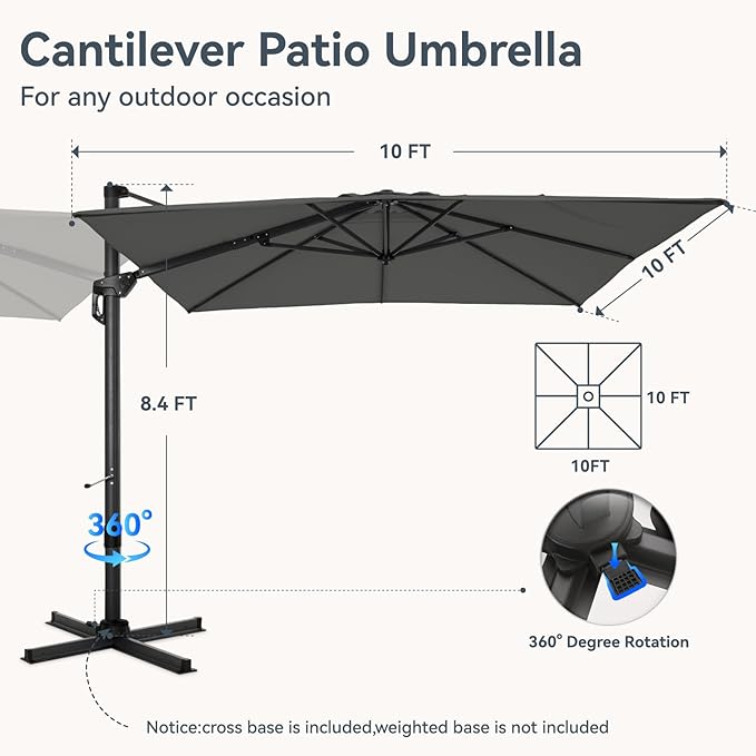 GREEN PARTY 10x10 ft Cantilever Patio Umbrella, Rectangle Offset Outdoor Umbrellas with 360° Rotation, 5-Year-Non-Fading Hanging Pool Umbrella for Garden Deck Poolside - Grey