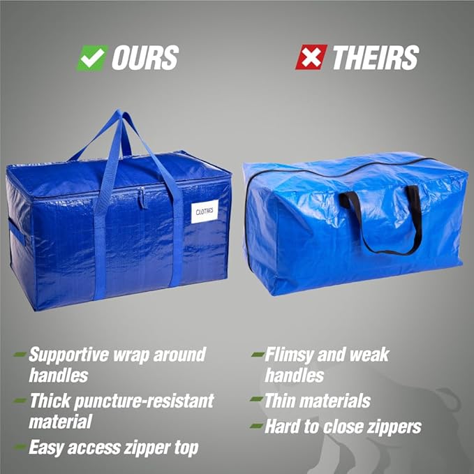 RUGGED RHINO 4 Pack Heavy Duty Extra Large Moving Bags, Durable Bag with Strong Handles and Zipper, Moving Boxes Alternative for College Packing, Holiday Décor, Space Saving Storage with Label, Clear