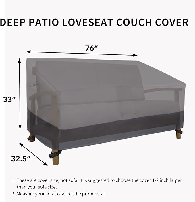 Easy-Going Waterproof Outdoor Loveseat, Heavy Duty 2-Seater Patio Couch, Windproof Outdoor Furniture with Air Vent (76W x 32.5D x 33H inch, Gray/Dark Gray)
