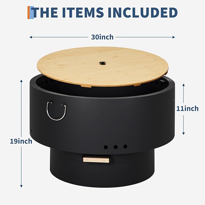 Garvee 30 in Smokeless Fire Pits, Wood Burning Firepits with Fire Poker, Outdoor Portable Fire Pits with Removable Ash Pan and Hardwood Top, Backyard Fireplace for Camping, Picnic