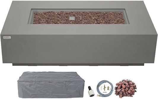 AMS Creations | Madison 60" Rectangular Natural Gas Outdoor Fire Pit Table | Light Gray Concrete GFRC | Smooth Texture or Surface | Electronic Ignition | Outside Backyard Fireplace