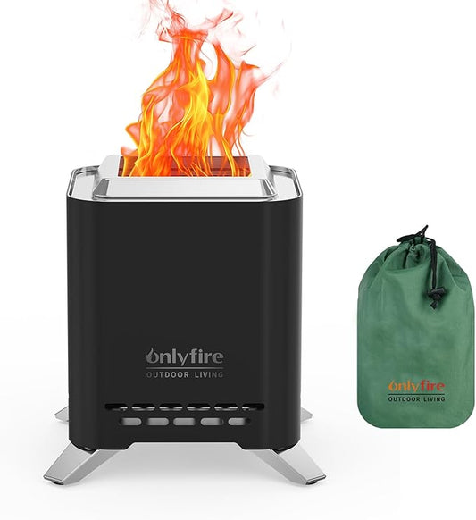 ONLYFIRE OUTDOOR LIVING 2-in-1 Smokeless Fire Pit with Pot Bracket & Carry Bag, Portable Camping Stove Wood Burning Tabletop Fireplace for Patio RV Tailgating Backyard, Black 7.8", #FP051