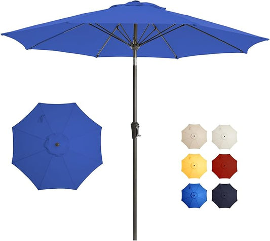 9FT Large Outdoor Patio Umbrella Market Table Umbrella-UV Resistant, Easy Push Button Tilt and Crank, 8 Sturdy Ribs Heavy-Duty Pool Umbrella for Deck,Blue