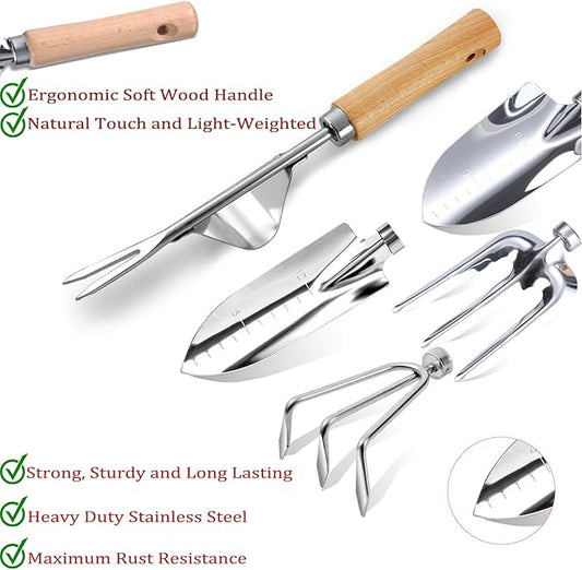 Garden Tool Set 11-Piece Heavy Duty Gardening Hand Tools - Rust-Resistant Stainless Steel with Durable Stylish Garden Tools Organizer Tote Bag | Ideal Gardening Gift for Women & Garden Enthusiasts