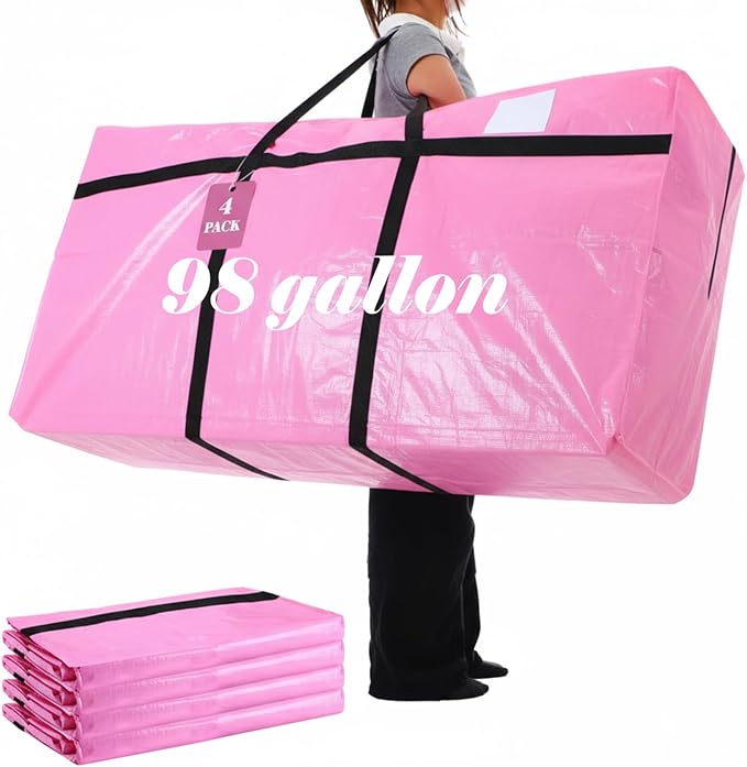 Windyun 4 Pack 98 Gallon Extra Large Storage Bags XXL Moving Bags with Zipper Handles Heavy Duty Jumbo Big Tote Box for Christmas Tree Storage 4, 5, 7.5, 9, 10, 12 ft Skeleton College Dorm(Pink)