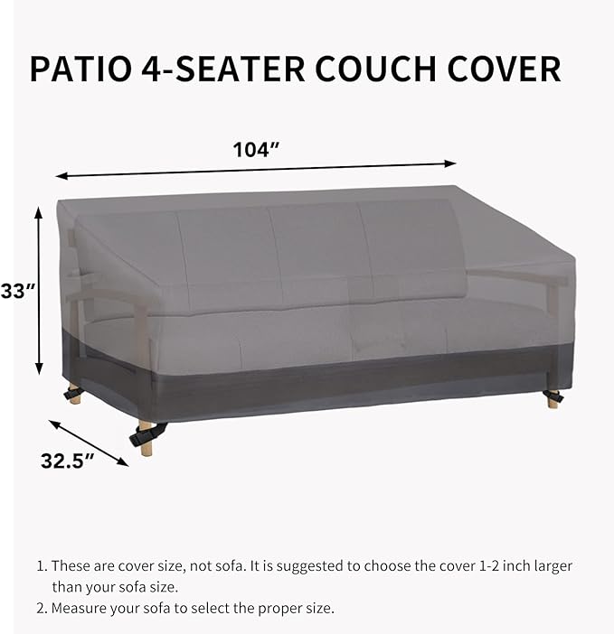 Easy-Going Waterproof Outdoor Couch Cover, Heavy Duty 4-Seater Patio Sofa Cover, Windproof Outdoor Furniture Cover with Air Vent （104Wx32.5Dx33H inch,Gray/Dark Gray