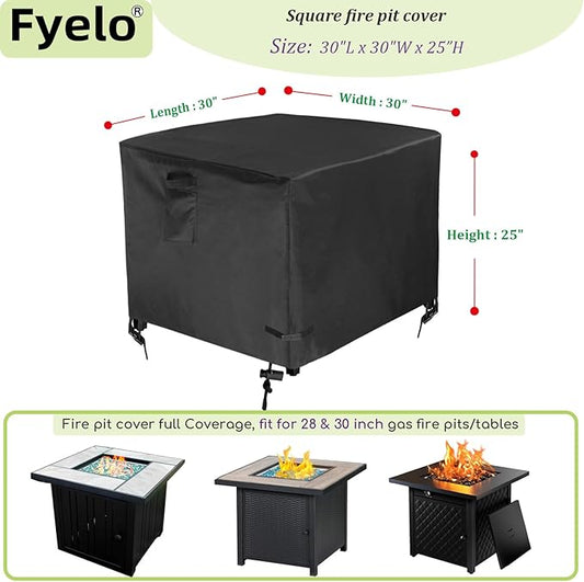 30 Inch Gas Fire Pit Cover for 28-30 Inch Square Fire Pit Tables, Heavy Duty 600D Waterproof & Windproof 30 x 30 x 25 Inches Patio Firepit Cover, Black
