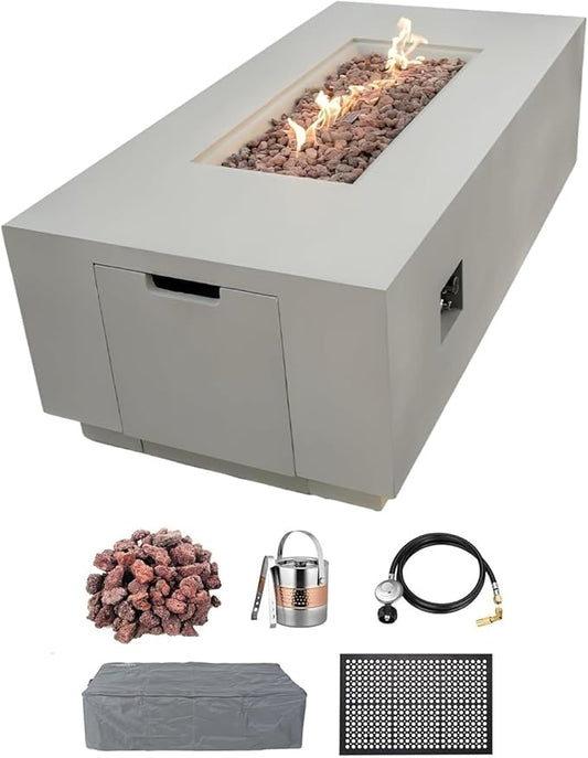 AMS Creations | Sedona Fire Pit Table with Pull-Out Propane Tank Storage Drawer | Concrete Rectangular Propane Fire Pit | Modern Outdoor Furniture | Lava Rock and Fabric Cover Included. (Light Grey)