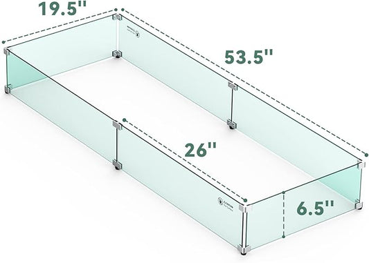 Skyflame Fire Pit Wind Guard, 53.5" x 19.5" x 6" Clear Tempered Glass Flame Guard Set with Hard Aluminum Corner Brackets and Rubber Feet, Fits for 48-inch Rectangular Fire Pit Burner Pan