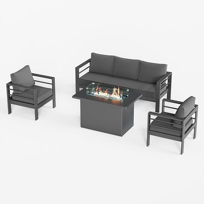 UDPATIO 8 Piece Aluminum Patio Furniture Set with Aluminum Fire Pit Table,Mordern Outdoor Furniture Set with Water-Proof Cover Included, Dark Grey