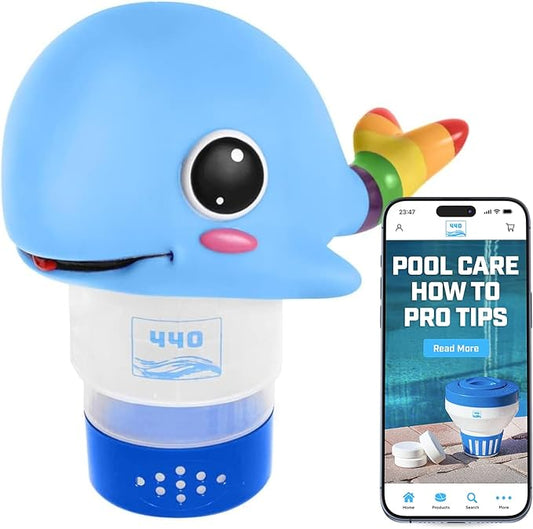 440 Pool Chlorine Floater Dispenser, Fits Up to 3 Pieces of 3-Inch Chlorine Tabs, Adjustable Flow, Control, Heavy-Duty Plastic - Suitable for Small & Large Pools - 8 Ounces | Cartoon Whale