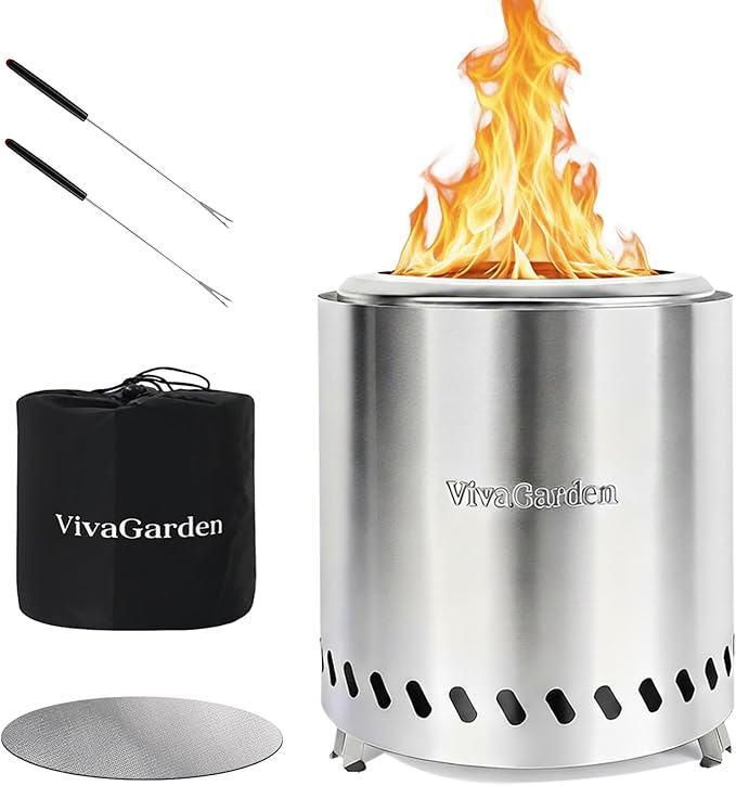 9.5 X 8.6 Inch Tabletop Fire Pit, VivaGarden Portable Firepit, Smokeless Table Top Firepit, Safe Burning Camping Stove, Fueled by Pellets or Wood, Forks, Mat & Travel Bag Included, Silver