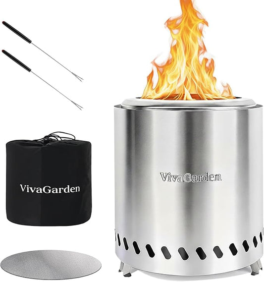 9.5 X 8.6 Inch Tabletop Fire Pit, VivaGarden Portable Firepit, Smokeless Table Top Firepit, Safe Burning Camping Stove, Fueled by Pellets or Wood, Forks, Mat & Travel Bag Included, Silver