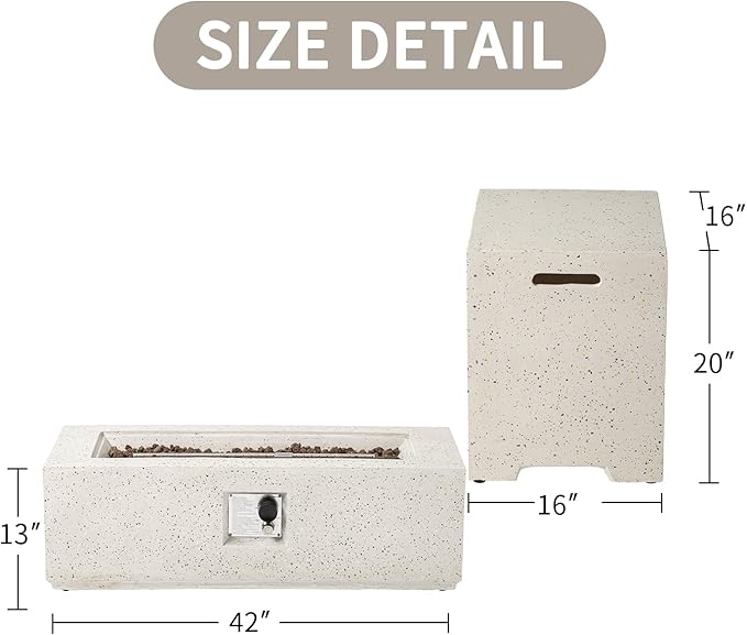 SUNBURY Outdoor Propane Fire Pit Table, 42 Inch Rectangular Firepit 40,000 BTU Heater Spotted White Patio Gas Fire Table Set with Conrete Tank Cover Small Side Table for Outside Poolside Deck