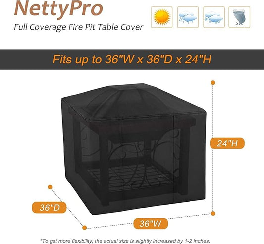 NettyPro Fire Pit Cover Square Waterproof Outdoor Firepit Cover for Gas Propane Fire Pit Table, 36 x 36 x 24 inch, Black