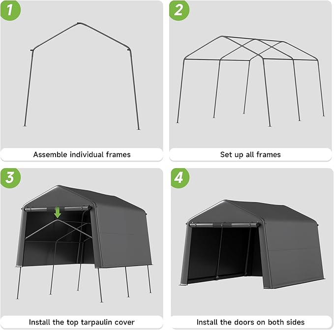 Real Relax Outdoor 8x14 ft Heavy Duty Carport for Snowmobile & Garden Tools, 240g PE Waterproof Cover & 1.2mm Steel Frame, Waterproof with 2 Roll-Up Doors & Vents