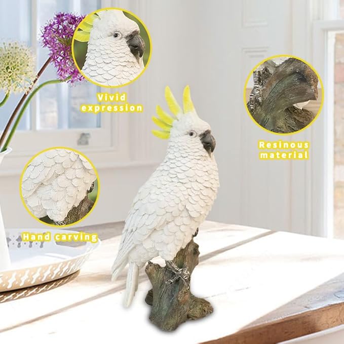 VV-Ladybug Decorative Parrot Garden Statue, Garden Decor Sculptures Statues Outdoor, Cockatoo Bird Tropical Indoor Desk Decor, Yellow White, 14.96 inches high