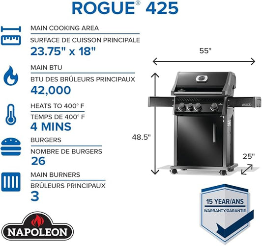 Napoleon Rogue 425 Propane Gas Grill with Range Side Burner, Black, 3 Stainless Steel Main Burners, Durable Grilling Power