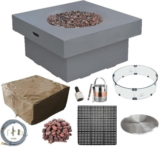 AMS Fireplace | Modeno Branford Package | Light Gray Natural Gas Fire Pit Table for Outside Patio Bundle with Wind Guard & SS Burner Lid | Free Ice Bucket & Rubber Mat