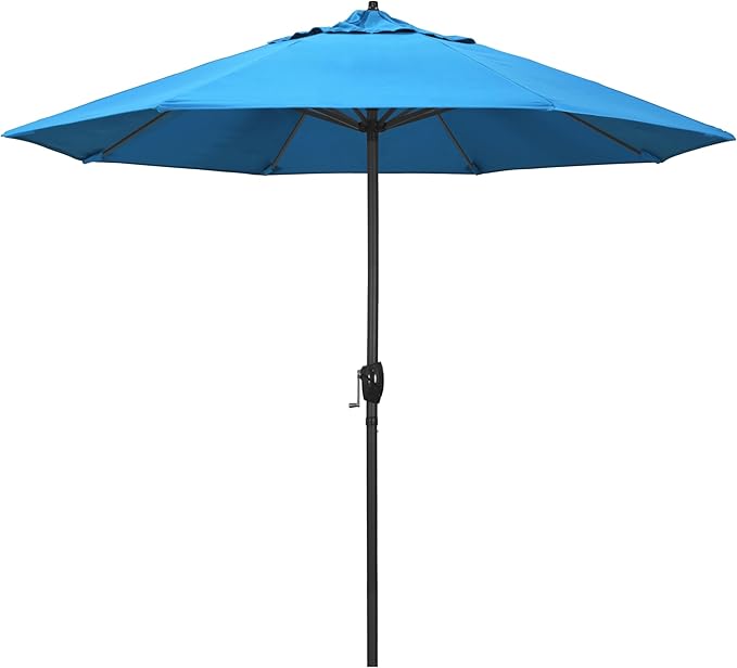 California Umbrella 9' Rd Aluminum Patio Umbrella, Crank Lift, Auto Tilt, Black Finish, Sunbrella Cyan