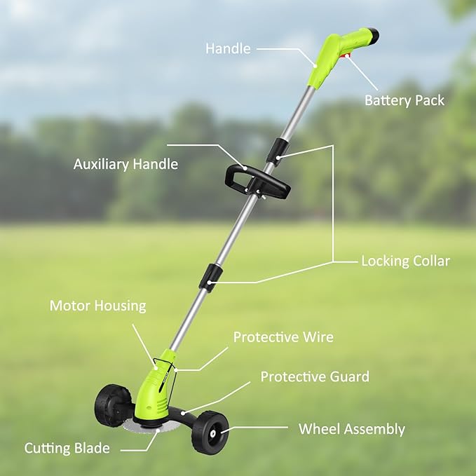 Electric Weed Wacker Cordless： String Trimmer with Roller 2Types Blades - 2.0Ah 12V Battery Powered Lightweight Grass Cutter/Mower for Yard and Garden, Green