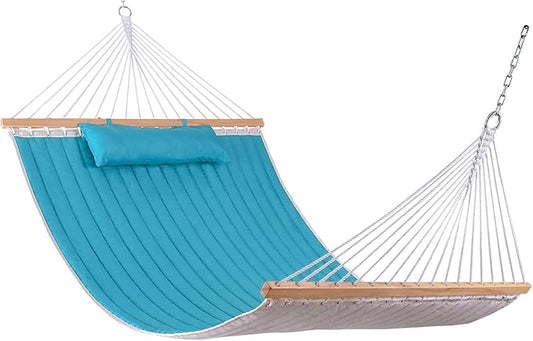 Lazy Daze Hammocks 12 FT Double Quilted Fabric Hammock with Spreader Bar and Detachable Pillow, 2 Person Hammock for Outdoor Outside Patio Garden Yard Pool Beach, 450lbs Weight Capacity (Blue)