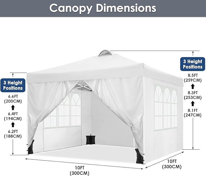 COBIZI Canopy Tent 10x10 Pop Up Outdoor Canopies with 4 Sidewalls Waterproof Commercial Instant Gazebo Tents for Party Patio Backyard with 4 Sandbags, 4 Stakes & 8 Ropes, White