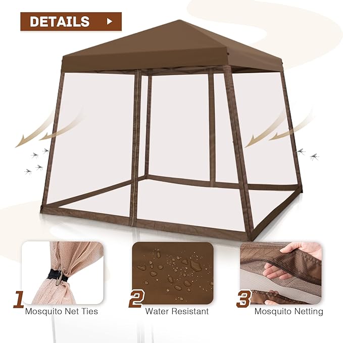 INTER HUT 10x10 Pop up Canopy Tent with Mesh Netting, Slant Leg Instant Screened House Gazebo, Brown