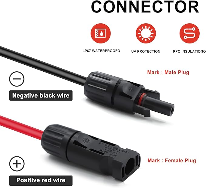 Twin Wire 10FT Solar Extension Cable - 10AWG (6mm²) Solar Panel Connector, with 4 Pairs-IP67-Male/Female Solar connectors for Outdoor Automotive RV Boat Marine Solar Panel- Black & Red