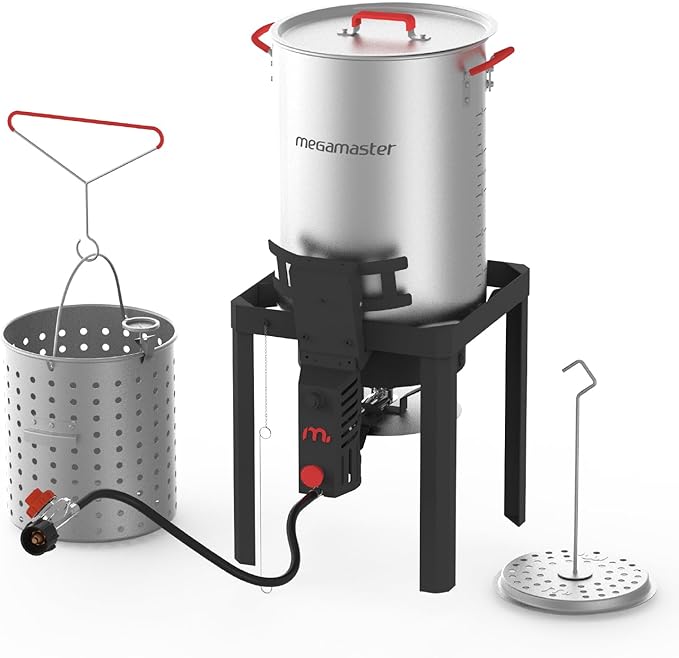 Megamaster Turkey Fryer Kit, Aluminum 30QT Seafood Boil Pot with Basket and 54000 BTUs Propane Burner, Turkey Deep Fryer with Regulator and 12" Thermometer for Outdoor Cooking - 840-45008