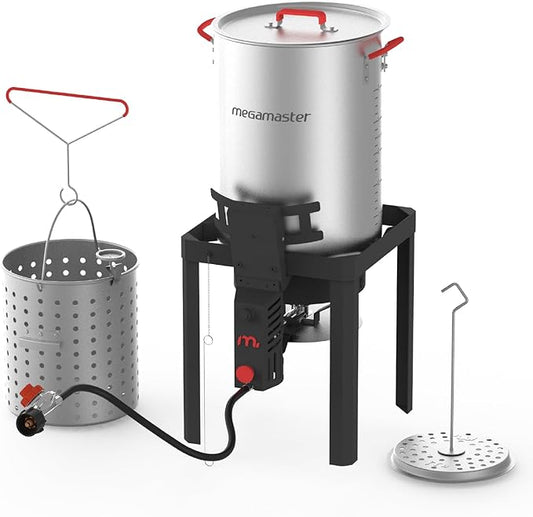 Megamaster Turkey Fryer Kit, Aluminum 30QT Seafood Boil Pot with Basket and 54000 BTUs Propane Burner, Turkey Deep Fryer with Regulator and 12" Thermometer for Outdoor Cooking - 840-45008