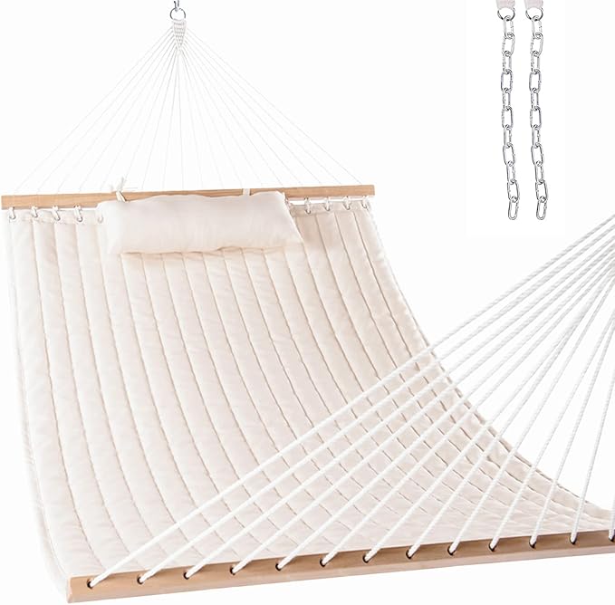 Lazy Daze Hammocks 12 FT Double Quilted Fabric Hammock with Spreader Bar and Detachable Pillow, 2 Person Hammock for Outdoor Patio Backyard Poolside, 450lbs Weight Capacity, Natural