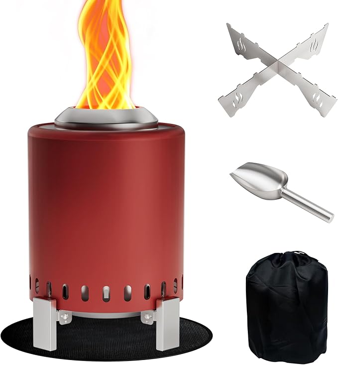 Mini Smokeless Tabletop Fire Pit with Pan Stand, Portable Stainless Steel Firepit Stove for Camping, Burns Pellets or Wood, Includes Travel Bag, Red