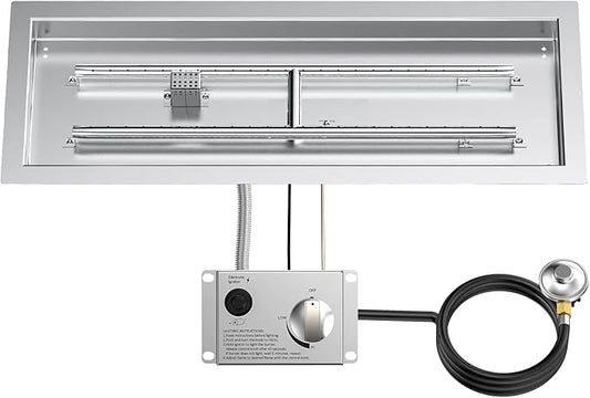 Skyflame 30" Rectangle Stainless Steel Fire Pit Drop-in Burner Kit with Extinguishing Protection Device, Electronic Spark Ignition, and Propane Regulator Hose Set