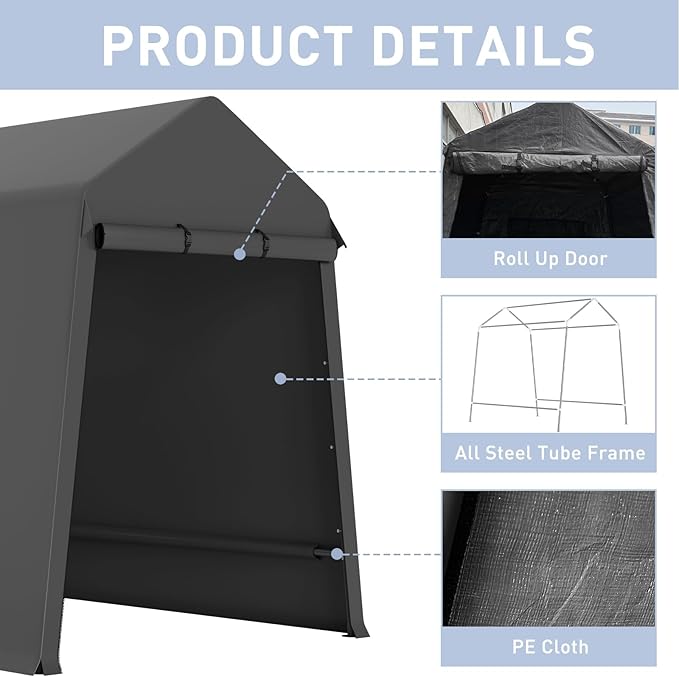 7 X 12 Ft Carport Portable Storage Shed Outdoor Tarp Sheds with Roll-Up Door, Bike Shed Storage Tent for Motorcycle, ATV, Garden Tools