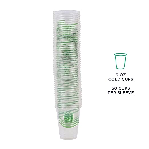 ECO PRODUCTS GreenStripe Clear Compostable 9oz PLA Plastic Cups, Case of 1000, Disposable Renewable Plant-Based Cold Cups, For Cold Drinks & Snacks, BPI Certified, ASTM Compliant.