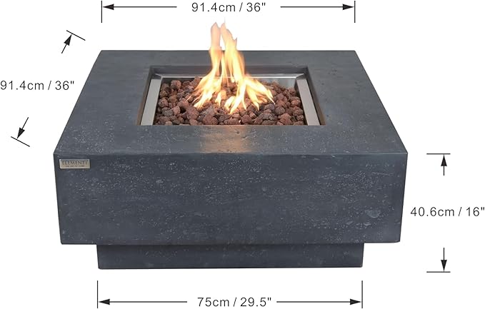 Elementi Manhattan Gas Fire Pit Bundle Concrete Fire Table, Outdoor Fire Pit Electronic Ignition | Canvas Cover, Lava Rock Included | Free AMS Wind Guard | Dark Gray (Natural Gas)