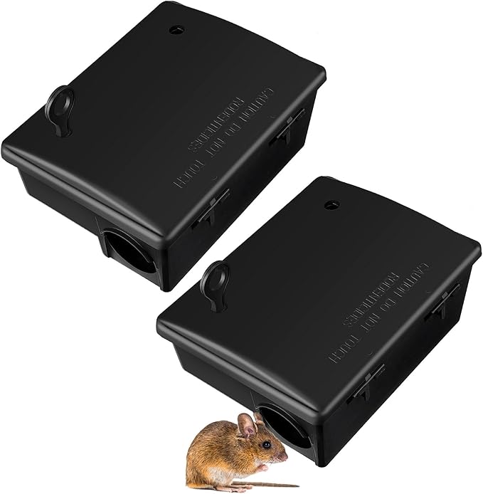 Qualirey 2 Pack Rat Bait Stations Large Rodent with Key Reusable Mouse Stations Mice Blocks Heavy Duty Boxes for Outdoor Rodents Mice Blocks, Bait Not Included, Black (8.66 x 7.5 x 3.9 Inches)