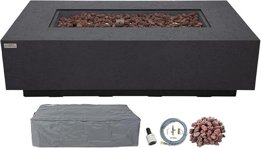 AMS Creations | Madison 60" Rectangular Natural Gas Outdoor Fire Pit Table | Dark Gray Concrete GFRC | Limestone Texture or Surface | Electronic Ignition | Outside Backyard Fireplace